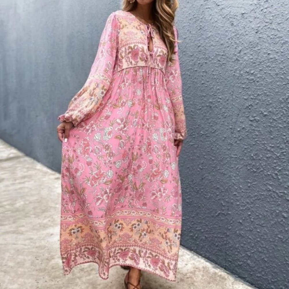 Floral Print Tie Neck Smock Dress